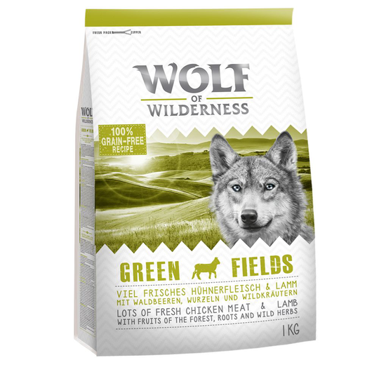 2 + 1 på köpet! 3 x 1 kg Wolf of Wilderness Classic/Soft - Adult Green Fields - Lamb