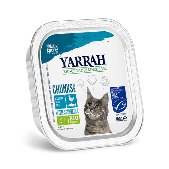 Ekonomipack: Yarrah Organic 24 x 100 g - Chunks: Fisk med eko-spirulina