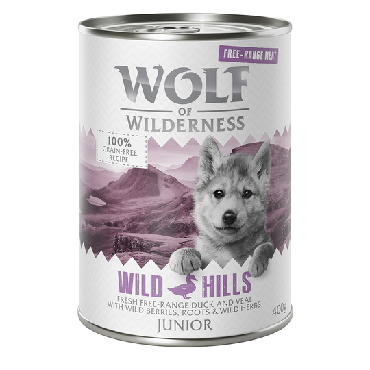 Wolf of Wilderness Junior Free Range 6 x 400 g - Junior Wild Hills - Free Range Duck & Veal