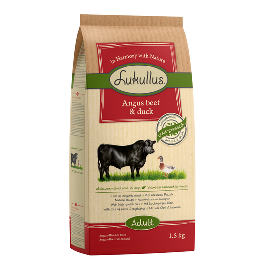 Lukullus kallpressat hundfoder Angus nötkött & anka - 1,5 kg