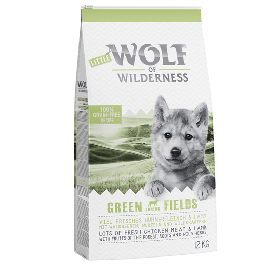 Ekonomipack: 2 x 12 kg Wolf of Wilderness hundmat - Junior - Green Fields
