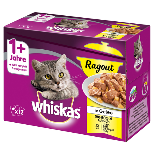 Ekonomipack: Whiskas 1+ portionspåse 48 x 85 g / 100 g - 1+ Ragout Fjäderfäurval i gelé 85 g