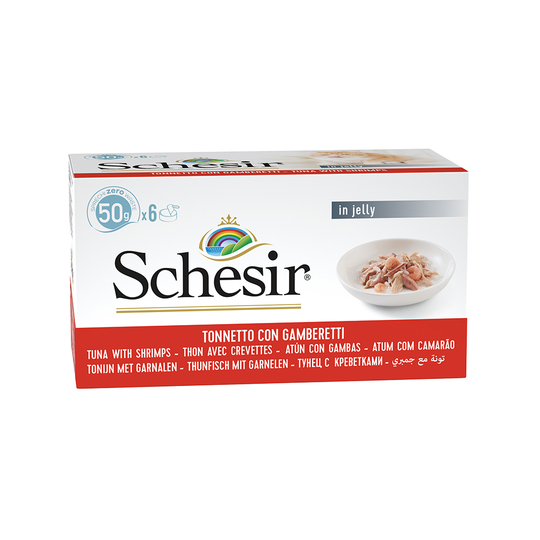 Ekonomipack: Schesir Small i gelé 24 x 50 g - Blandpack: Tonfisk & räkor + Tonfisk & havsabborre