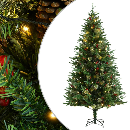vidaXL Plastgran med ljusslinga och kottar grön 195 cm PVC&PE