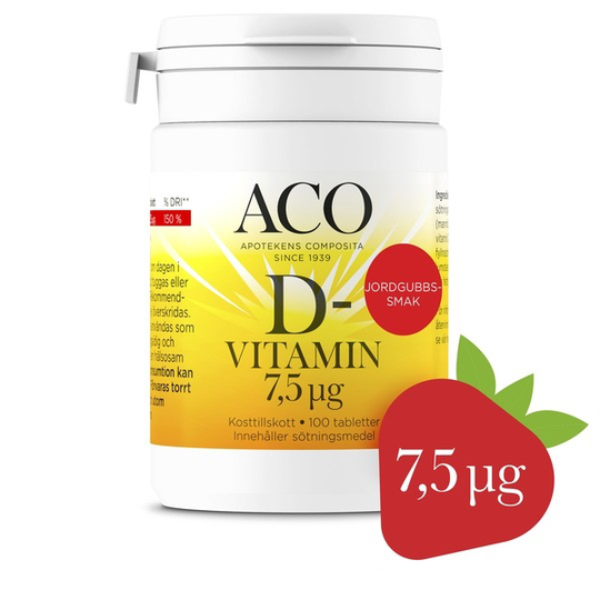 ACO D-vitamin 7,5 UG Jordgubbssmak 100 tabletter