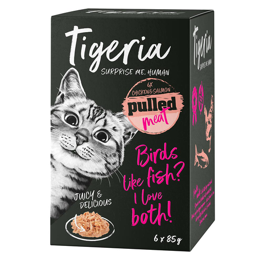 Ekonomipack: Tigeria Pulled Meat 48 x 85 g - Kyckling med laxtärningar