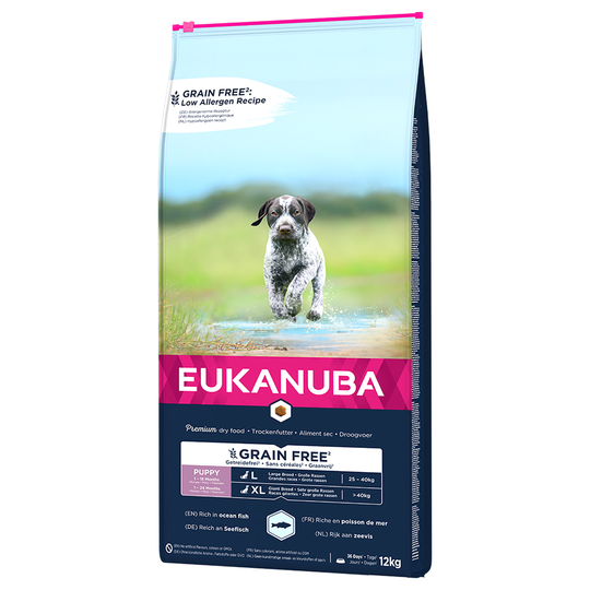 5x zooPoäng på 2,3 kg / 3 kg / 12 kg Eukanuba Large Breed torrfoder - Grain Free Puppy Large Breed Salmon (12 kg)