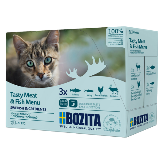 Ekonomipack: Bozita bitar i sås Pouch 24 x 85 g - Blandpack kött och fisk (4 sorter)