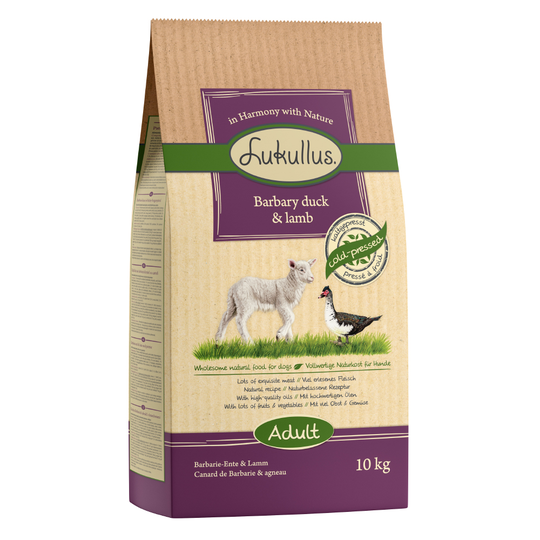 Ekonomipack: 2 x 10 / 15 kg Lukullus kallpressade hundfoder - Myskand & lamm (2 x 10 kg)
