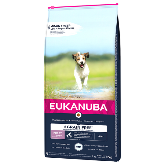 5x zooPoäng på 3 kg / 12 kg Eukanuba Grain Free Small/Medium - Puppy Small / Medium Breed Salmon (12 kg)