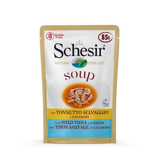 Ekonomipack: Schesir Cat Soup 12 x 85 g - Vild tonfisk och bläckfisk