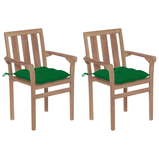 vidaXL Trädgårdsstolar 2 st med gröna dynor massiv teak