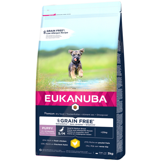 5x zooPoäng på 3 kg / 12 kg Eukanuba Grain Free Small/Medium - Puppy Small / Medium Breed Chicken (3 kg)