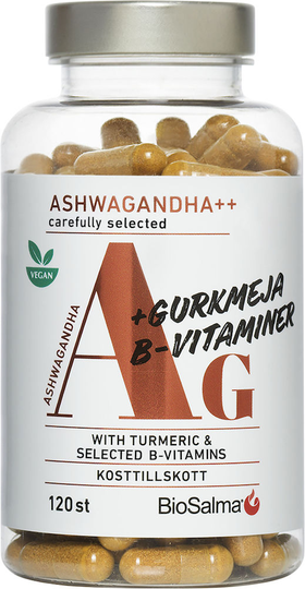 BioSalma Ashwagandha + Gurkmeja, B-vitaminer 120 kapslar