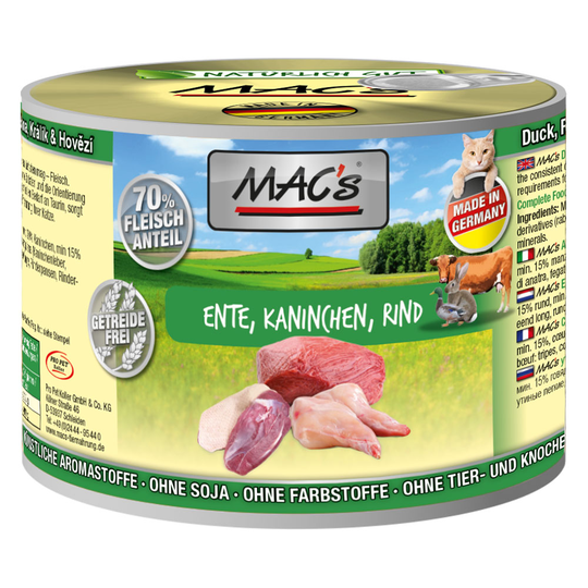 Ekonomipack: MAC's Cat kattfoder 12 x 200 g - Anka, kanin, nötkött