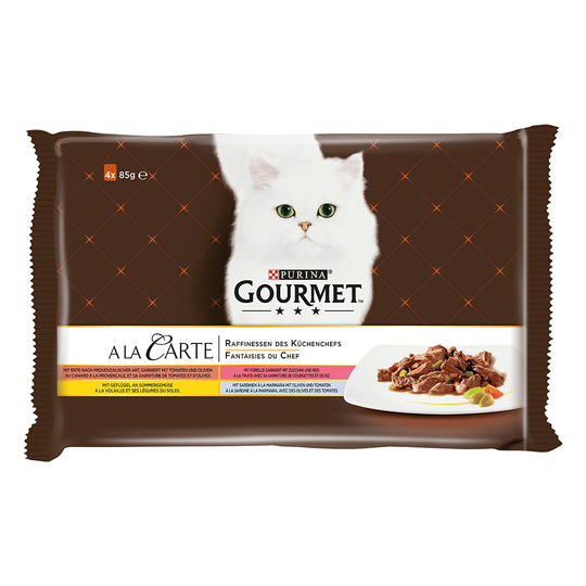 Provpack: Gourmet a la Carte 4 x 85 g - Anka, fjäderfä, sardiner, öring