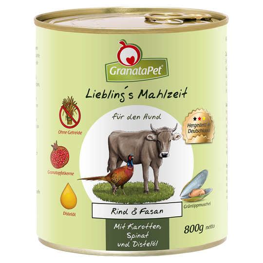 GranataPet Liebling's Mahlzeit 6 x 800 g - Nötkött & fasan med morötter, spenat och safflorolja