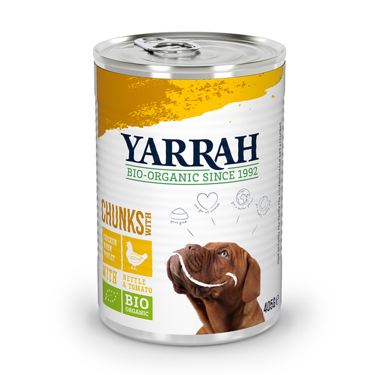 Ekonomipack: Yarrah Organic 12 x 400 g /405 g - Chunk: eko-kyckling, eko-nässlor och eko-tomats (12 x 405 g)
