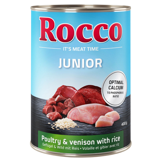 Rocco Junior 6 x 400 g - Fjäderfä, vilt & ris