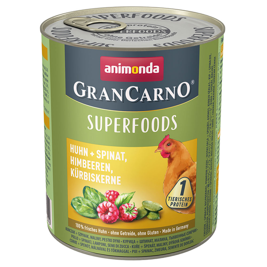 Animonda GranCarno Adult Superfoods 24 x 800 g - Kyckling & spenat, hallon, pumpafrön