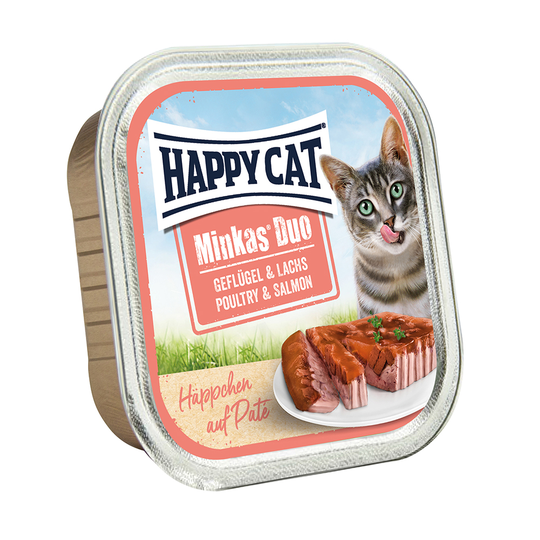 10 + 2 på köpet! Happy Cat Minkas Duo - Bitar med paté 12 x 100 g - Fjäderfä & lax