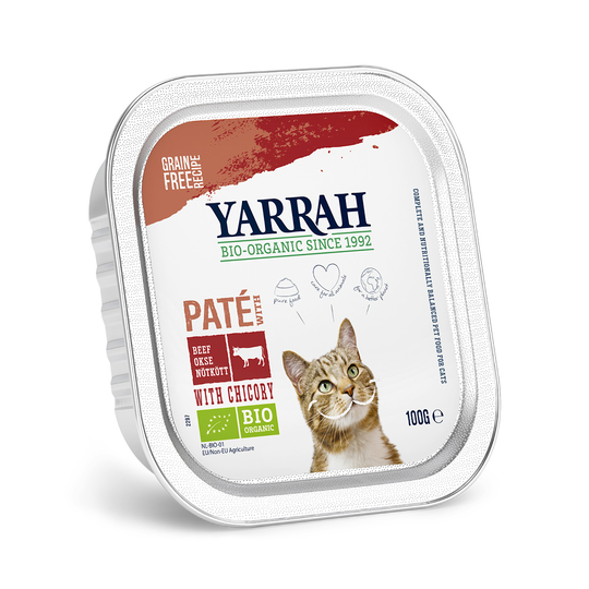 24 + 6 på köpet! 30 x 100 g Yarrah Organic Paté / Chunks kattmat - Organic Paté: Eko-nötkött med eko-cikoria