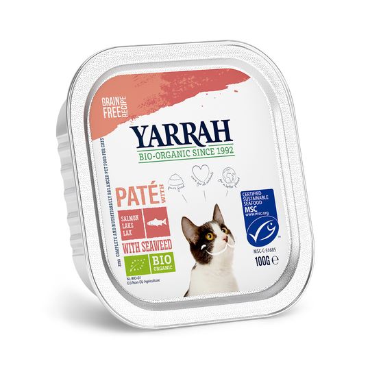 24 + 6 på köpet! 30 x 100 g Yarrah Organic Paté / Chunks kattmat - Organic Paté: Lax med eko-alger
