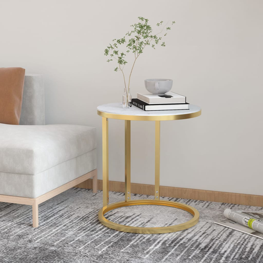 vidaXL Sidobord guld och vit marmor 45 cm härdat glas