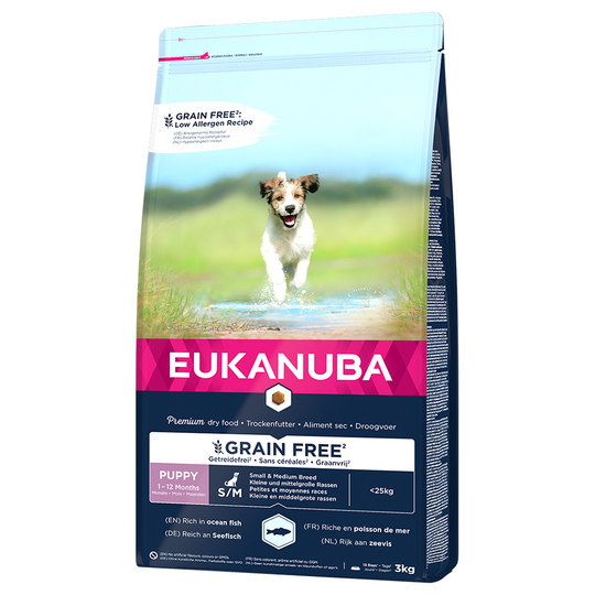 5x zooPoäng på 3 kg / 12 kg Eukanuba Grain Free Small/Medium - Puppy Small / Medium Breed Salmon (3 kg)