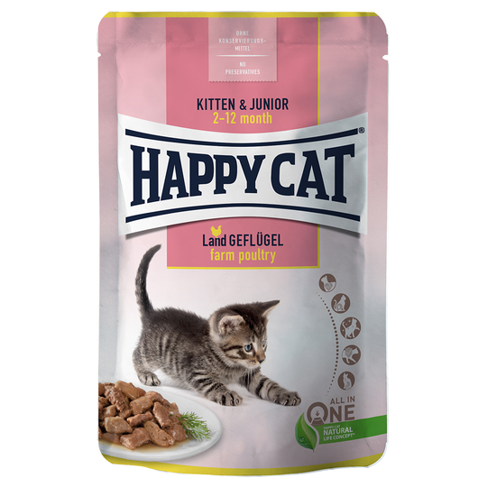 Ekonomipack: Happy Cat Pouch Meat in Sauce 48 x 85 g - Kitten Farm Poultry - fjäderfä