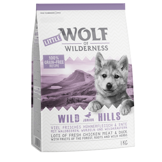 2 + 1 på köpet! 3 x 1 kg Wolf of Wilderness Classic/Soft - Junior Wild Hills - Duck