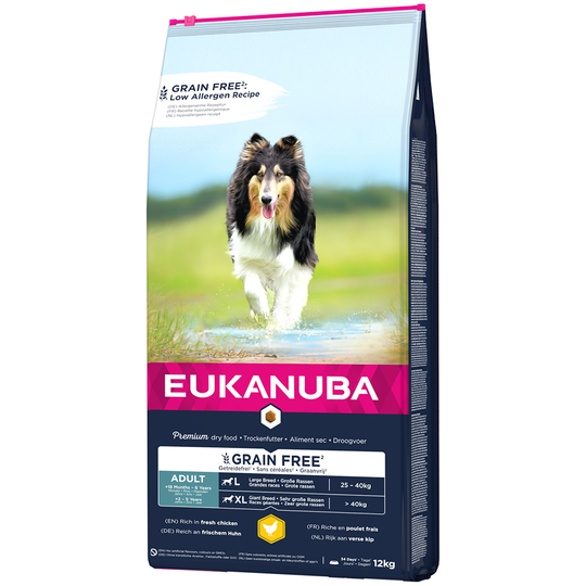 5x zooPoäng på 2,3 kg / 3 kg / 12 kg Eukanuba Large Breed torrfoder - Grain Free Adult Large Breed Chicken (12 kg)
