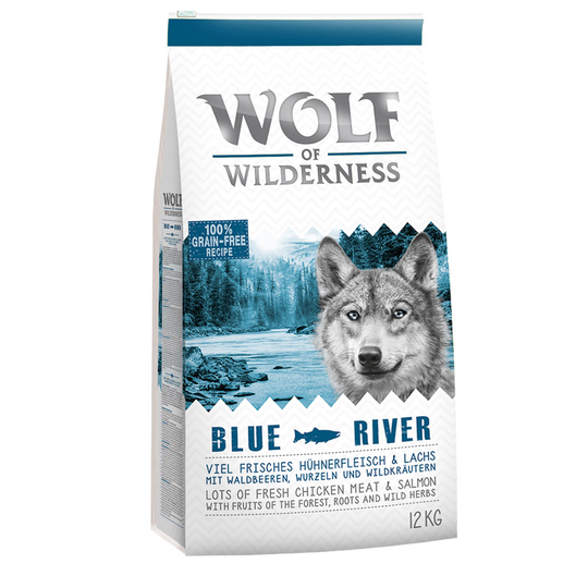 Ekonomipack: 2 x 12 kg Wolf of Wilderness hundmat - Blue River - Salmon