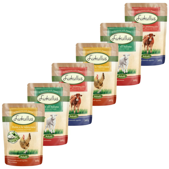 Blandat provpack: Lukullus Adult 6 x 400 g - Blandpack Mediterran portionspåsar 6 x 300 g