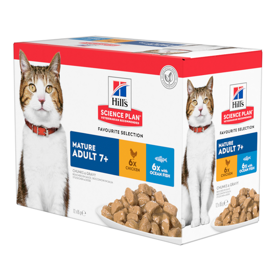 Hill's Science Plan Mature Adult Chicken Komplettering: 12 x 85 g Hill's Science Plan Mature Adult Fish Selection