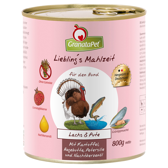 Ekonomipack: GranataPet Liebling's Mahlzeit 12 x 800 g - Lax & kalkon med potatis, nypon, persilja, och nattljusolja