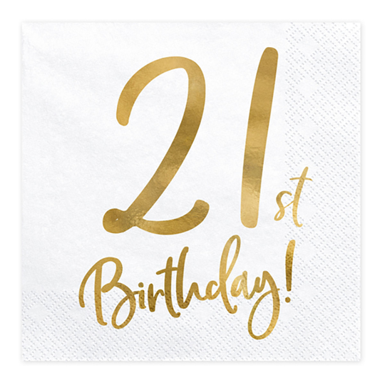 Servetter 21st Birthday Guld/Vit - 20-pack