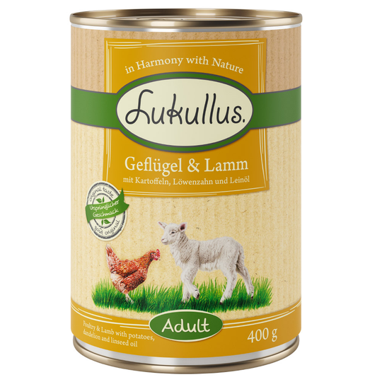 Ekonomipack: Lukullus 12 x 400 g - Fågel & lamm