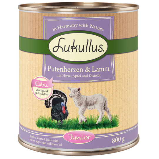 10 + 2 gratis! Lukullus Naturkost 12 x 800 g - Junior Kalkonhjärta & lamm