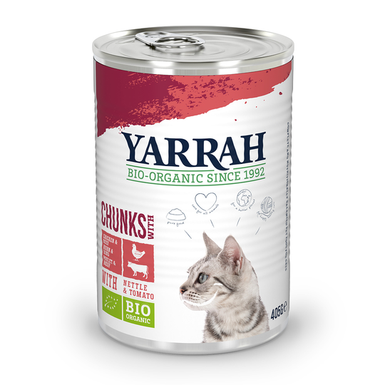 Yarrah Organic Chunks 6 x 405 g - Eko-kyckling & eko-nötkött med eko-nässlor & eko-tomater