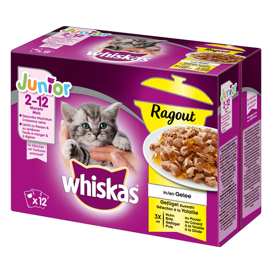 76 + 20 på köpet! 96 x 85 / 100 g Whiskas portionspåsar - Junior Ragout Fjäderfäurval i gelé